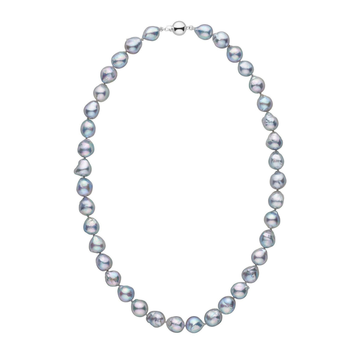 9.5-10.0 mm Silver-Blue Akoya Baroque Pearl Necklace featuring lustrous irregular silver-blue pearls with a polished 14K white gold clasp, showcasing fine akoya craftsmanship.