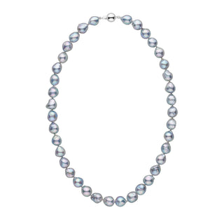 9.5-10.0 mm Silver-Blue Akoya Baroque Pearl Necklace featuring lustrous irregular silver-blue pearls with a polished 14K white gold clasp, showcasing fine akoya craftsmanship.