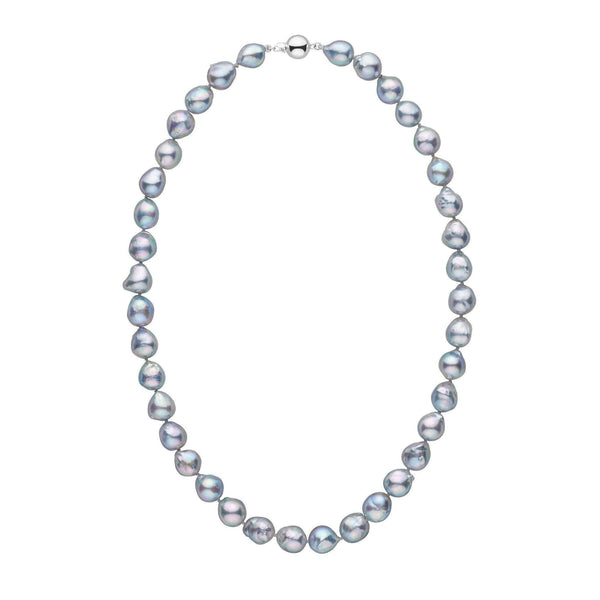 9.5-10.0 mm Silver-Blue Akoya Baroque Pearl Necklace featuring lustrous irregular silver-blue pearls with a polished 14K white gold clasp, showcasing fine akoya craftsmanship.