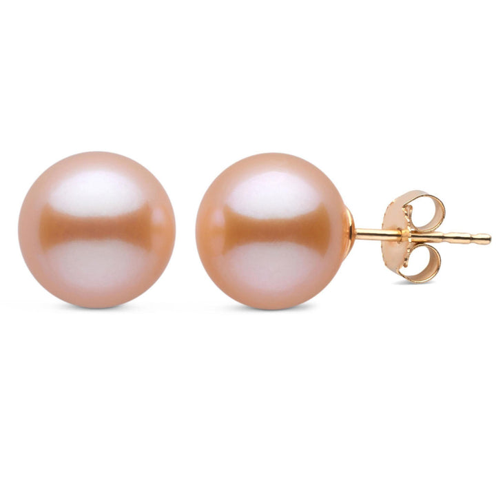 9.0-10.0 mm Pink to Peach Freshadama Freshwater Pearl Stud Earrings yellow gold