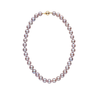9.5-10.5 mm Lavender Freshadama Freshwater Pearl Necklace featuring lustrous lavender freshwater pearls with a gold clasp, a refined and elegant pearl strand for special occasions.