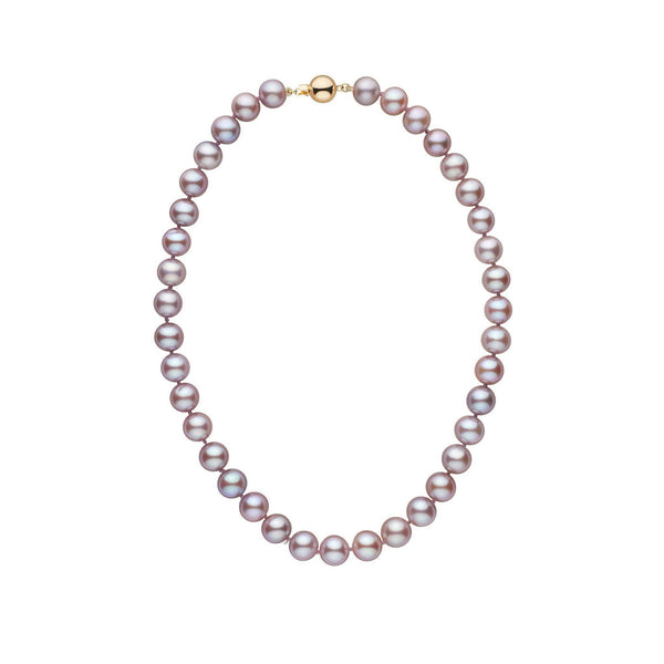 9.5-10.5 mm Lavender Freshadama Freshwater Pearl Necklace featuring lustrous lavender freshwater pearls with a gold clasp, a refined and elegant pearl strand for special occasions.
