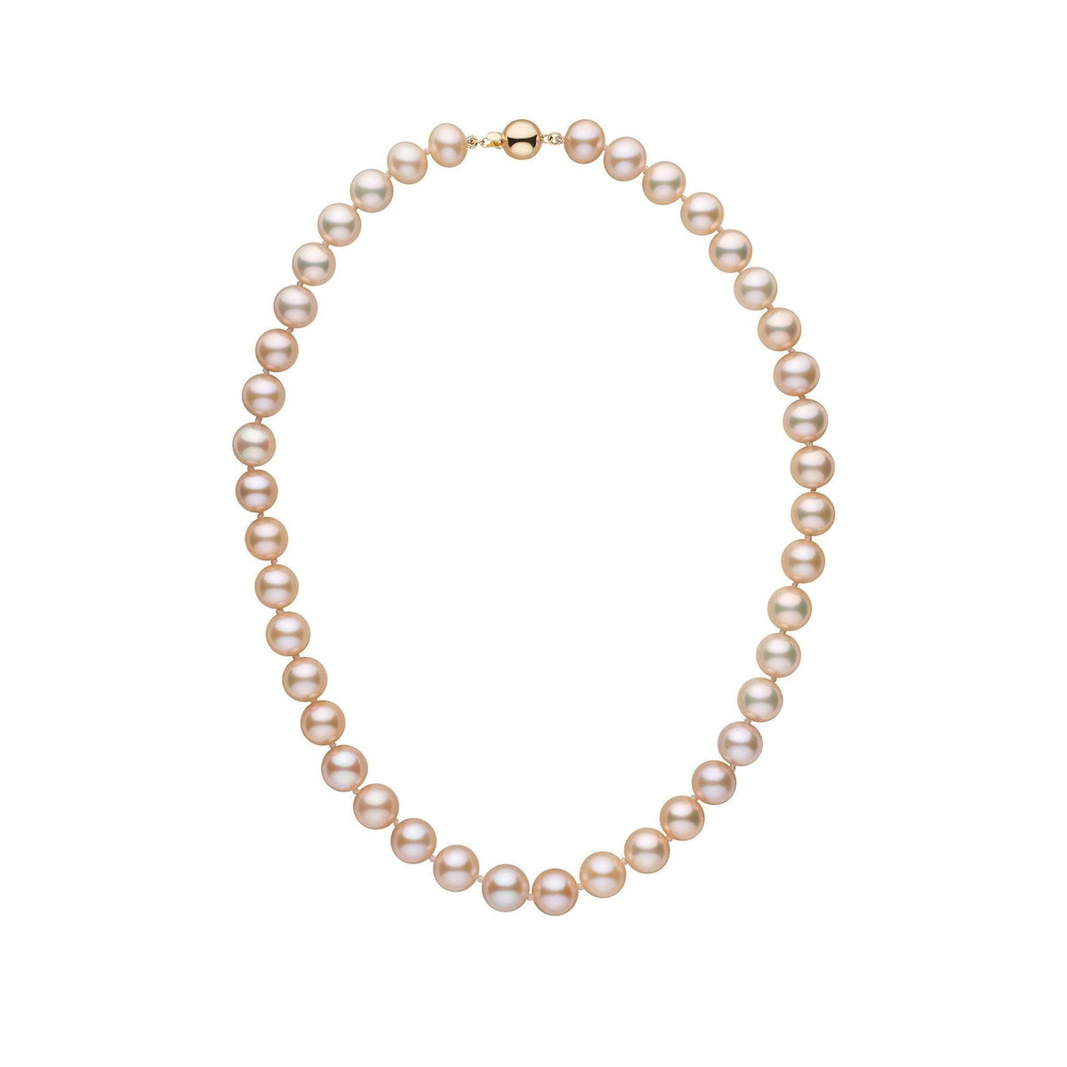 9.5-10.5 mm Pink to Peach Freshadama Freshwater Pearl Necklace featuring lustrous round pearls in soft pink and peach tones with a gold clasp, elegant and classic pearl strand.