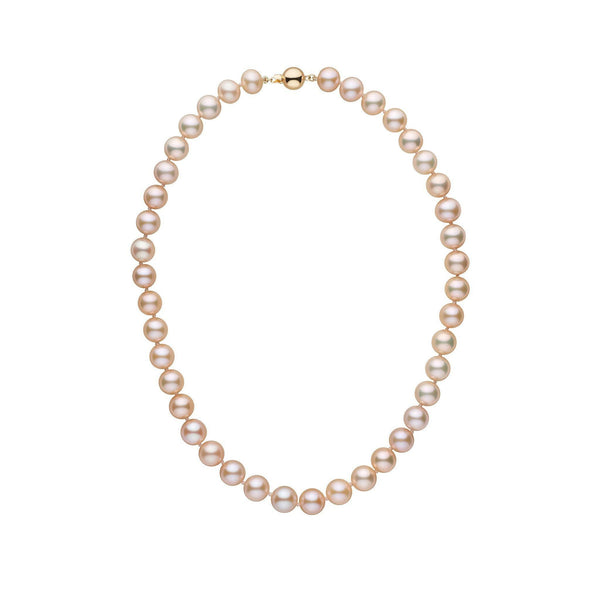 9.5-10.5 mm Pink to Peach Freshadama Freshwater Pearl Necklace featuring lustrous round pearls in soft pink and peach tones with a gold clasp, elegant and classic pearl strand.