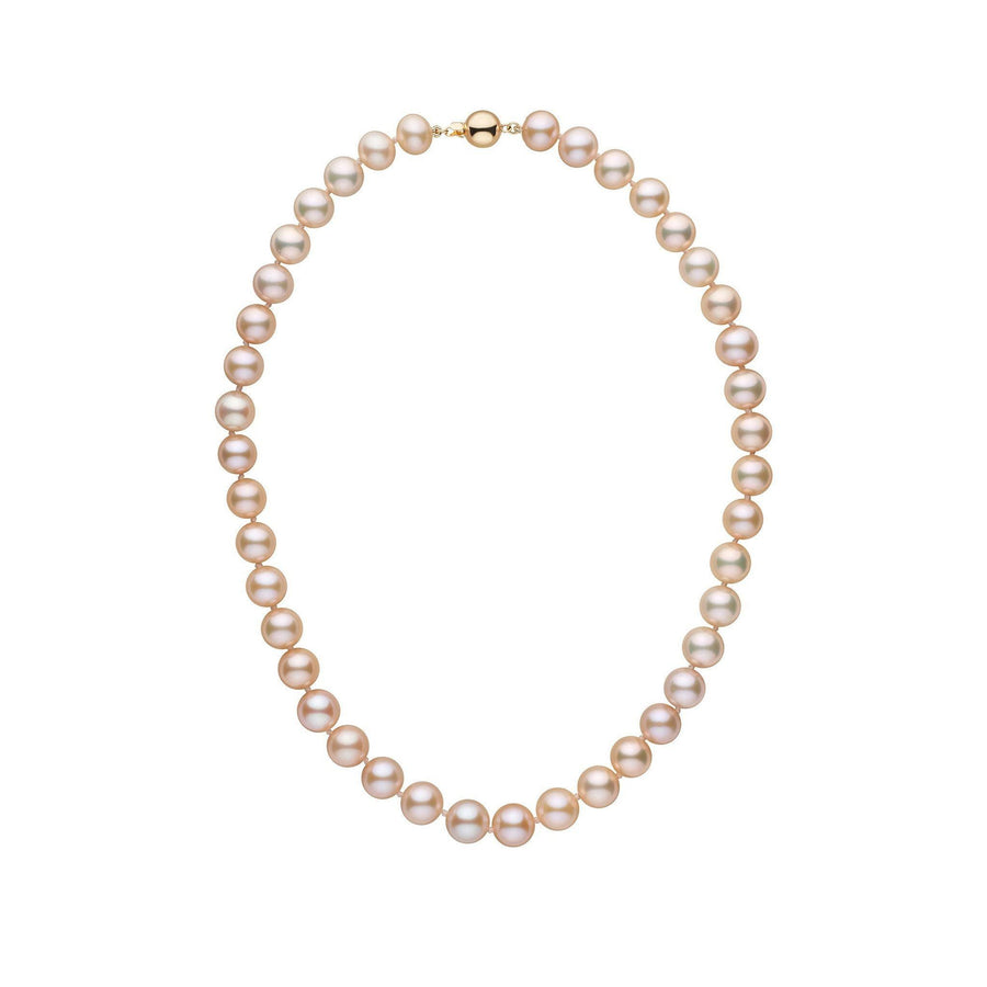 9.5-10.5 mm Pink to Peach Freshadama Freshwater Pearl Necklace featuring lustrous round pearls in soft pink and peach tones with a gold clasp, elegant and classic pearl strand.
