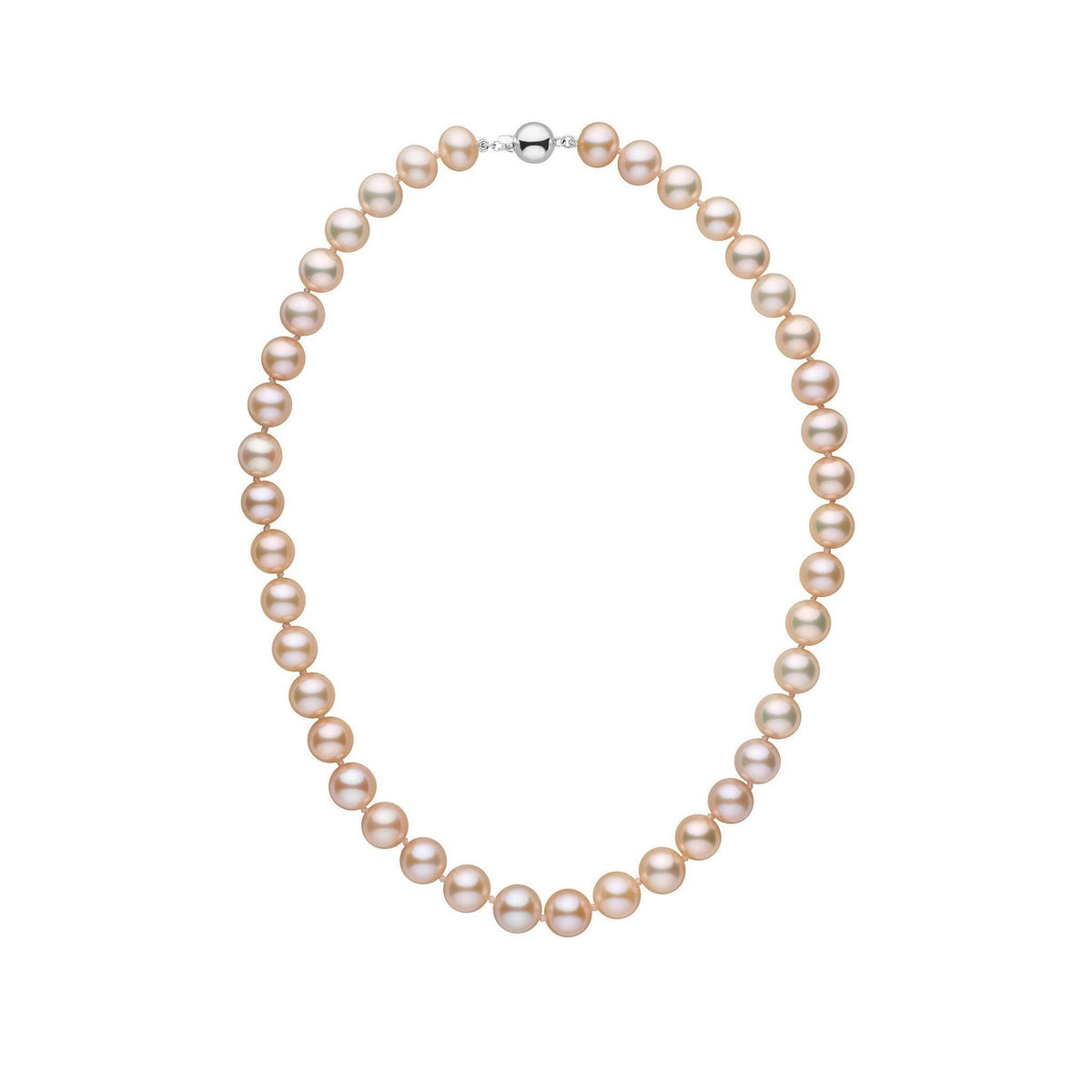 9.5-10.5 mm Pink to Peach Freshadama Freshwater Pearl Necklace featuring round freshwater pearls in soft pink and peach tones with a 14K white gold clasp, elegant and timeless pearl strand design.