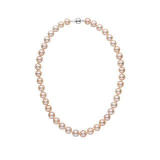 9.5-10.5 mm Pink to Peach Freshadama Freshwater Pearl Necklace featuring round freshwater pearls in soft pink and peach tones with a 14K white gold clasp, elegant and timeless pearl strand design.