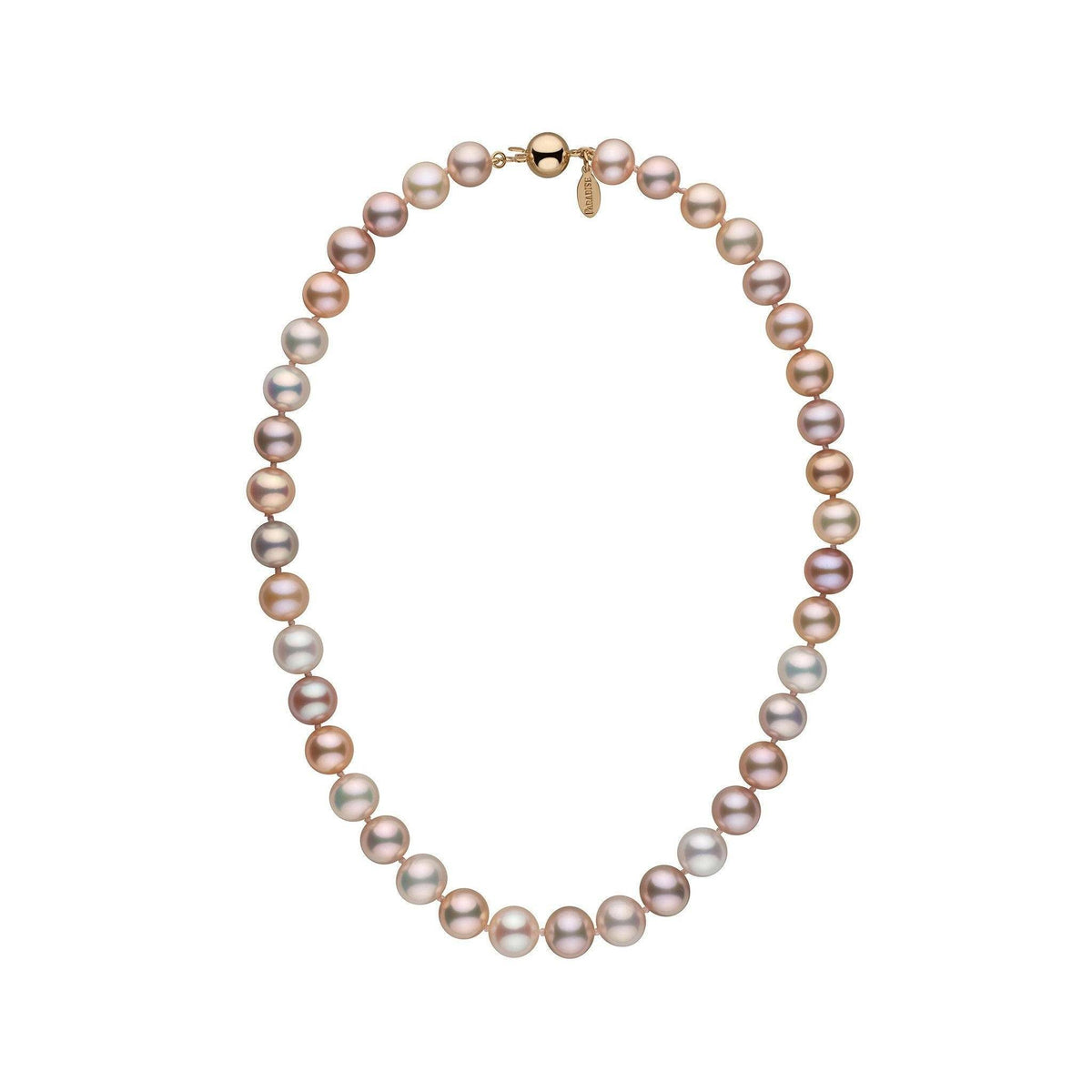 9.5-10.5 mm Multicolor Freshadama Freshwater Pearl Necklace featuring a strand of lustrous multicolor freshwater pearls with soft pink, lavender, and white hues on a gold clasp.