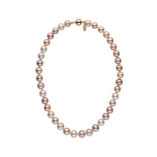 9.5-10.5 mm Multicolor Freshadama Freshwater Pearl Necklace featuring a strand of lustrous multicolor freshwater pearls with soft pink, lavender, and white hues on a gold clasp.