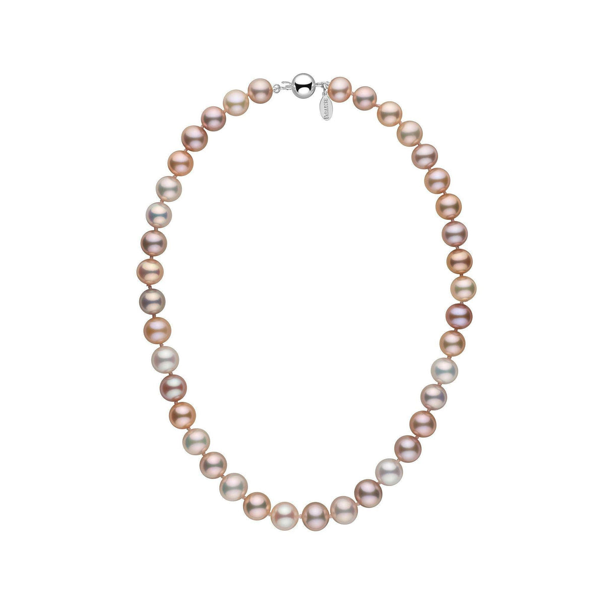 9.5-10.5 mm Multicolor Freshadama Freshwater Pearl Necklace featuring large round pearls in shades of pink, lavender, cream, and peach with a 14K white gold clasp.