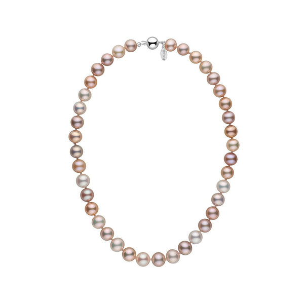 9.5-10.5 mm Multicolor Freshadama Freshwater Pearl Necklace featuring large round pearls in shades of pink, lavender, cream, and peach with a 14K white gold clasp.