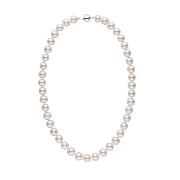 Elegant strand of 9.5-10.5 mm AA+ White Freshwater Pearl Necklace featuring lustrous, round white pearls with a polished clasp for a timeless, classic look.