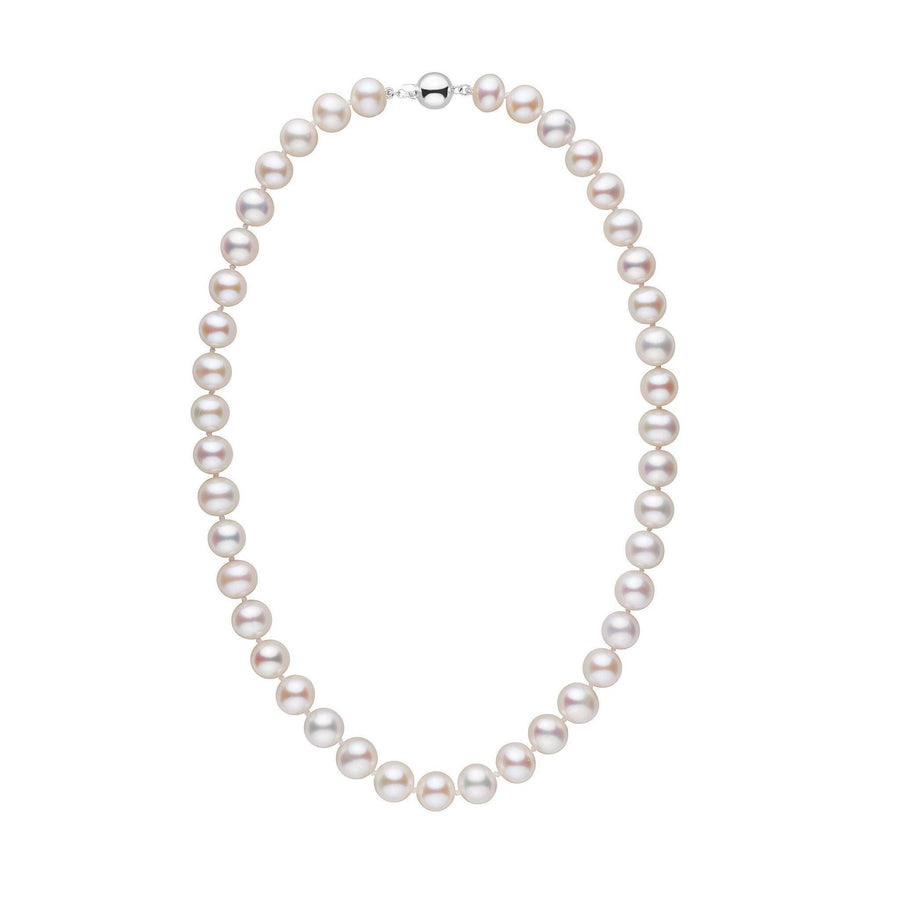 Elegant strand of 9.5-10.5 mm AA+ White Freshwater Pearl Necklace featuring lustrous, round white pearls with a polished clasp for a timeless, classic look.