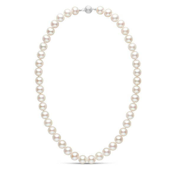 9.5-10.5 mm AAA White Freshwater Pearl Necklace featuring lustrous round pearls and a decorative 14K white gold clasp, perfect for elegant and timeless style.