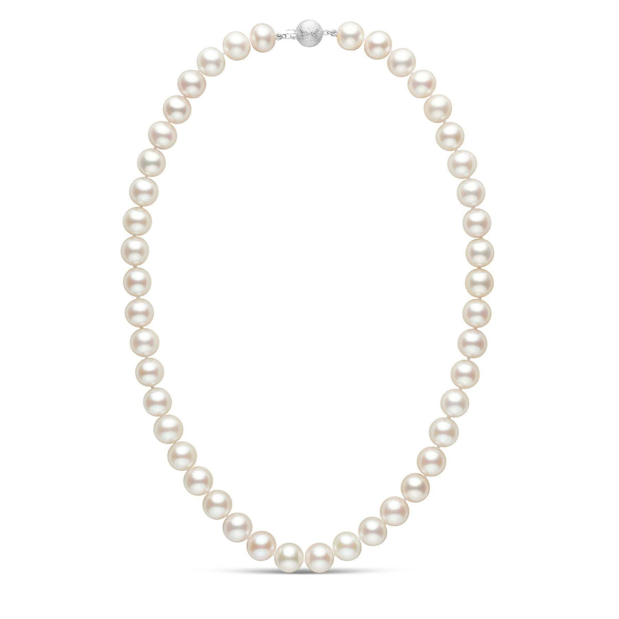 9.5-10.5 mm AAA White Freshwater Pearl Necklace featuring lustrous round pearls and a decorative 14K white gold clasp, perfect for elegant and timeless style.