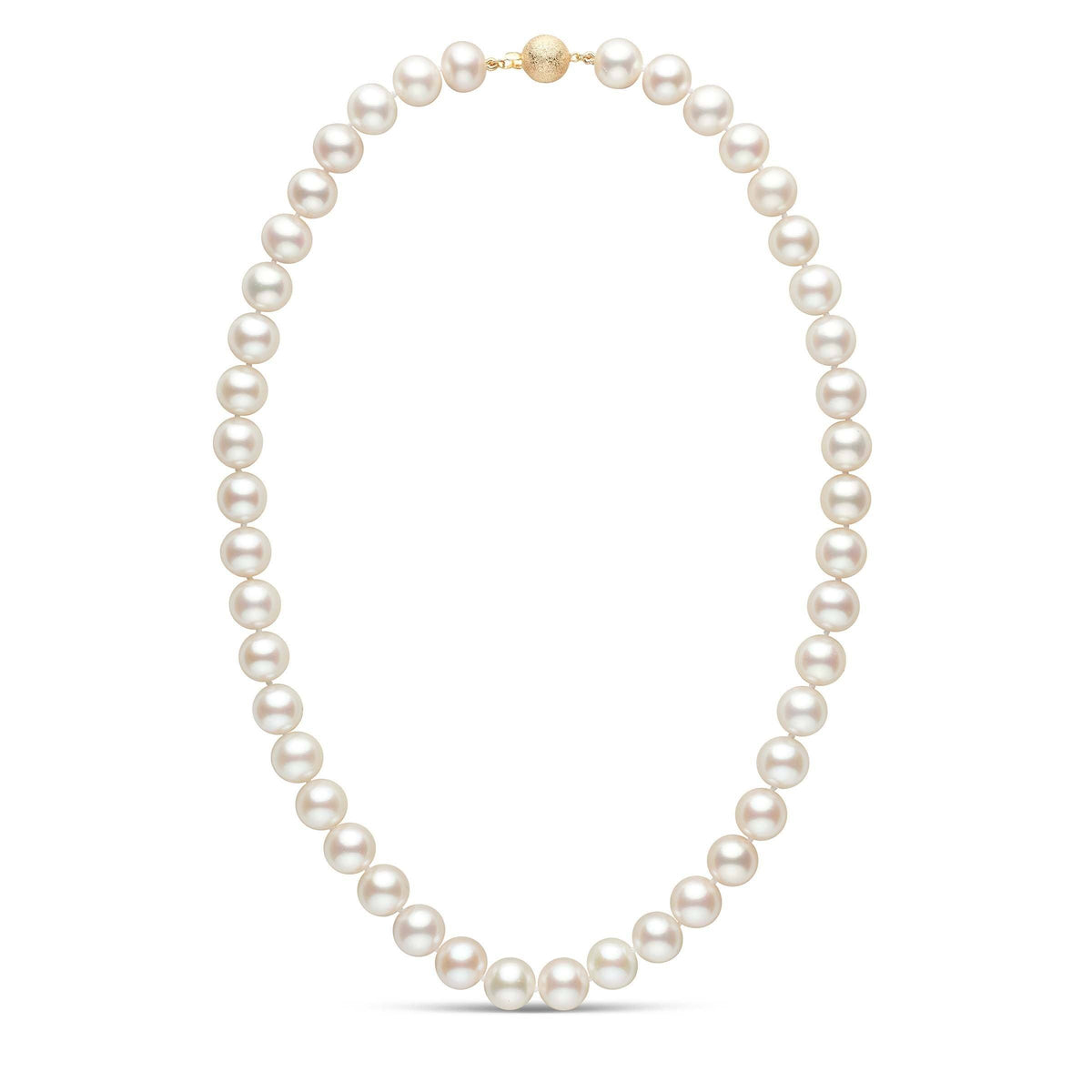 9.5-10.5 mm AAA White Freshwater Pearl Necklace featuring smooth, lustrous white pearls with a gold clasp, perfect for elegant and timeless jewelry collections.