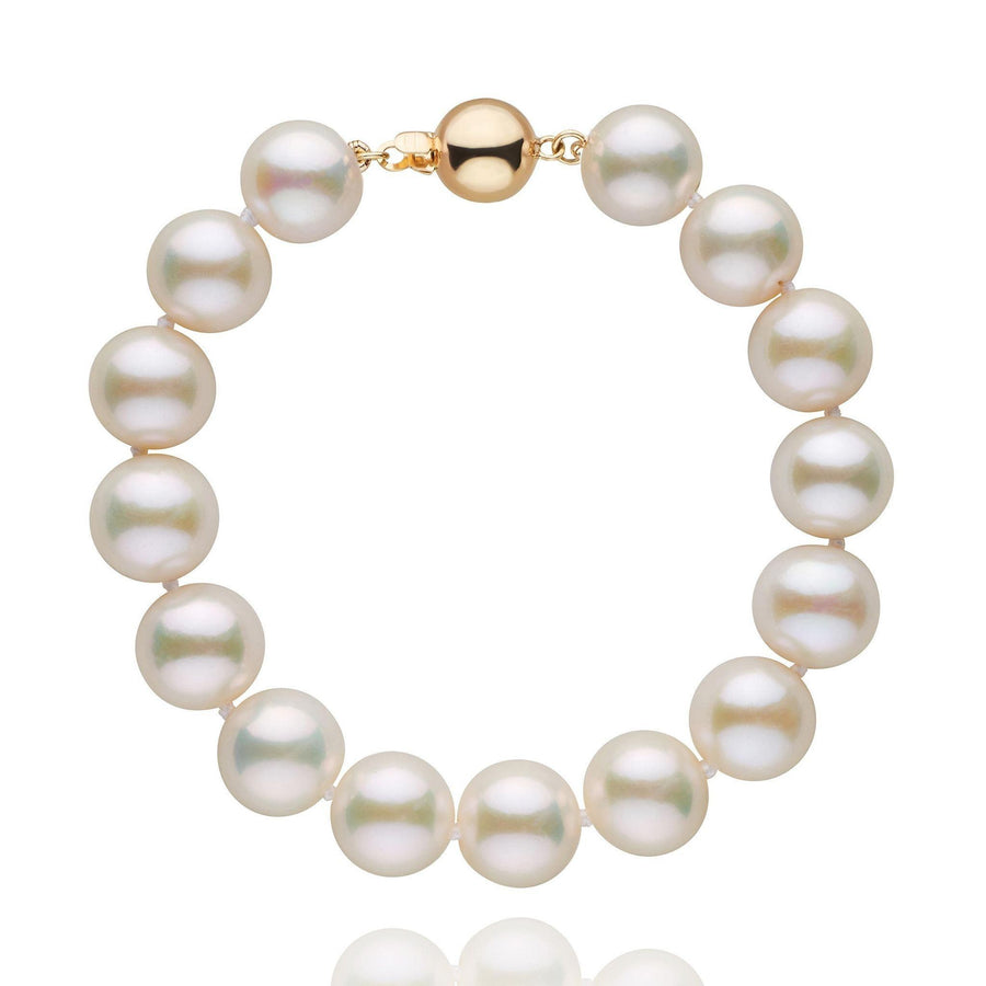9.5-10.5 mm White Freshwater AA+ Pearl Bracelet featuring lustrous round white pearls strung together with a polished gold clasp, elegant and timeless freshwater pearl jewelry.