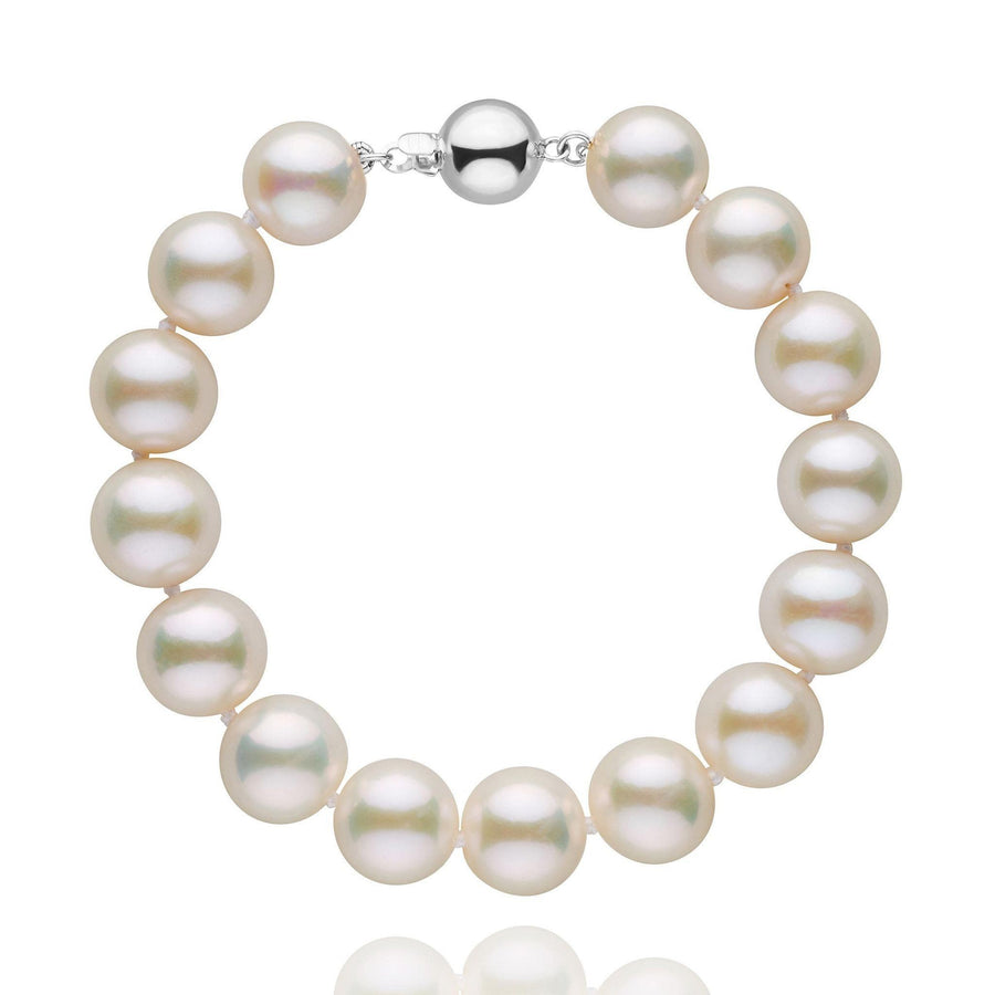 9.5-10.5 mm White Freshwater AAA Pearl Bracelet featuring large round white freshwater pearls with a smooth surface and a polished 14K white gold clasp.