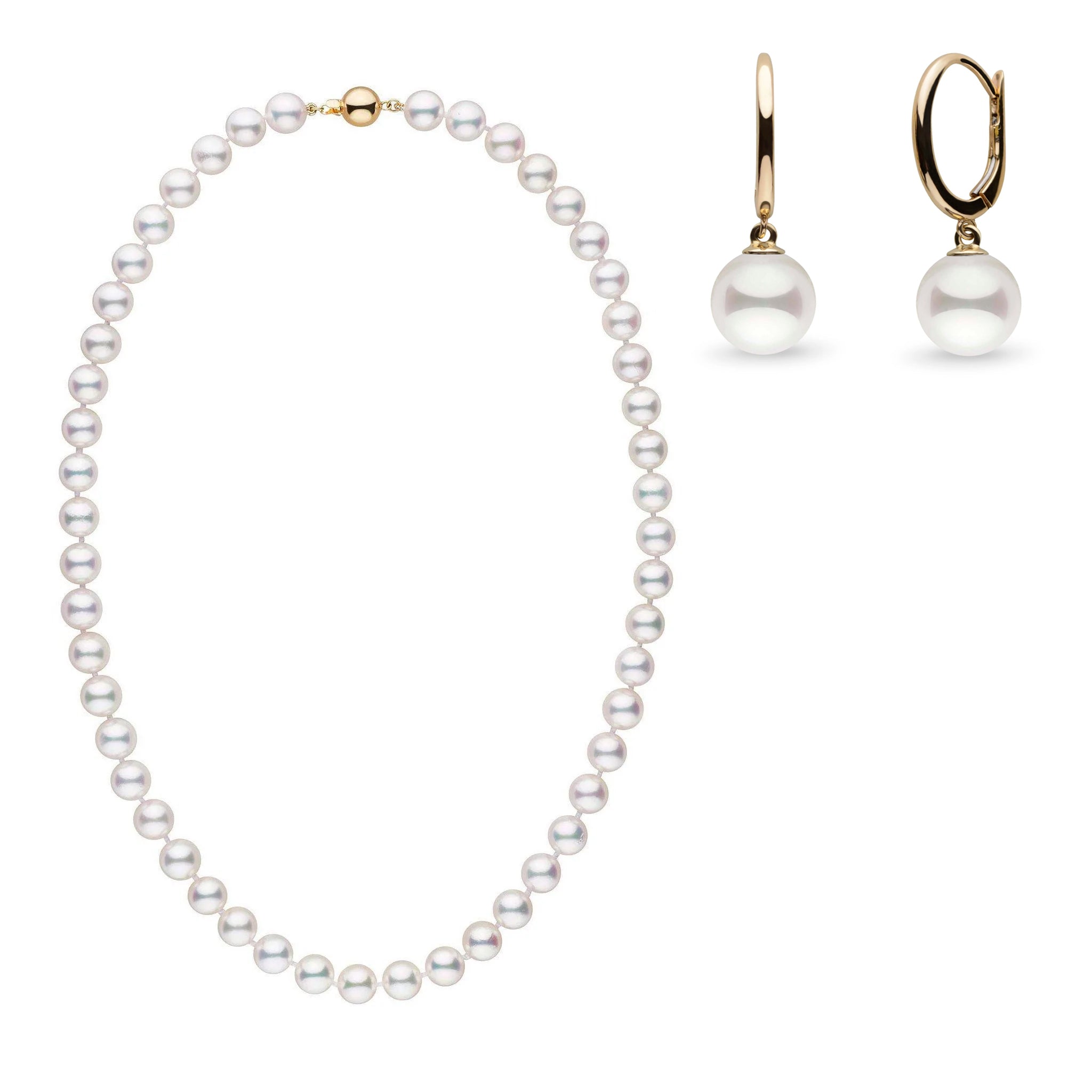 7.0-7.5 mm AAA Akoya 18 Inch Pearl Necklace with Dangle Earrings Yellow Gold