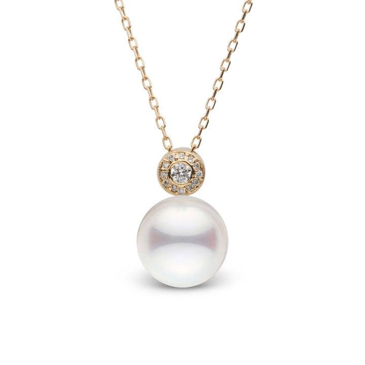 Aura Collection White 9.0-9.5 mm Akoya Pearl and Diamond Pendant featuring a lustrous white Akoya pearl suspended from a delicate gold chain with a sparkling diamond-accented bail.