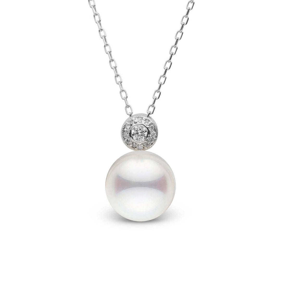 Aura Collection White 9.0-9.5 mm Akoya Pearl and Diamond Pendant featuring a round white Akoya pearl accented with a diamond cluster on a delicate silver chain.