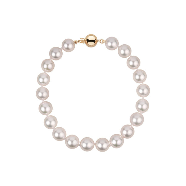 8.0-8.5 mm White Akoya AA+ Pearl Bracelet featuring round white akoya pearls with a polished yellow gold ball clasp, elegant and classic pearl bracelet design.
