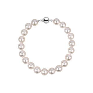 8.0-8.5 mm White Akoya AAA Pearl Bracelet featuring lustrous round white akoya pearls with a polished 14K white gold clasp, elegant and timeless pearl bracelet design.