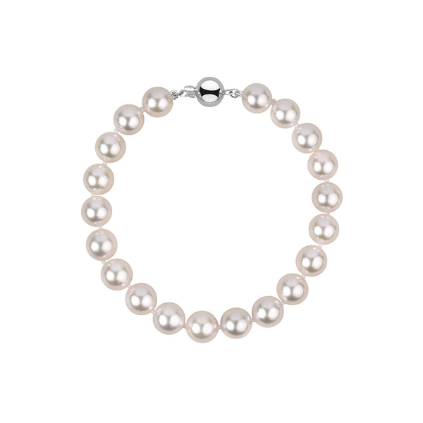 8.0-8.5 mm White Akoya AAA Pearl Bracelet featuring lustrous round white akoya pearls with a polished 14K white gold clasp, elegant and timeless pearl bracelet design.