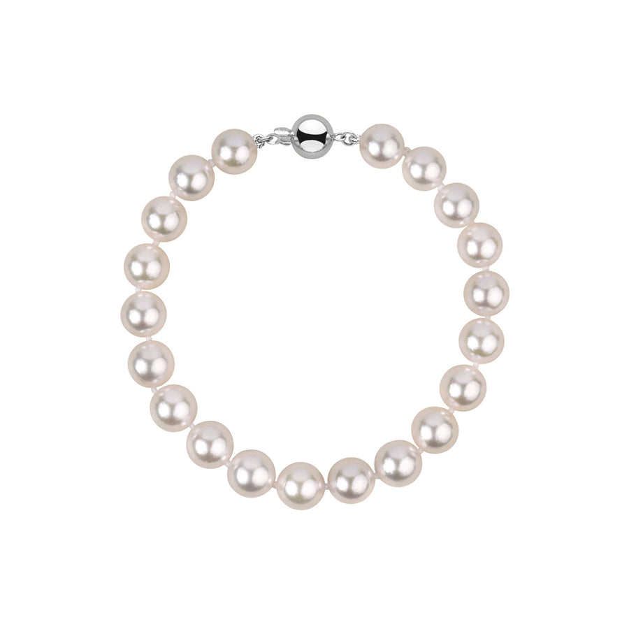 8.0-8.5 mm White Akoya AAA Pearl Bracelet featuring lustrous round white akoya pearls with a polished 14K white gold clasp, elegant and timeless pearl bracelet design.