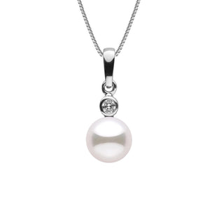 Brilliant Collection 7.5-8.0 mm Akoya Pearl and Diamond Pendant featuring a lustrous white Akoya pearl suspended beneath a single sparkling diamond on a delicate chain.