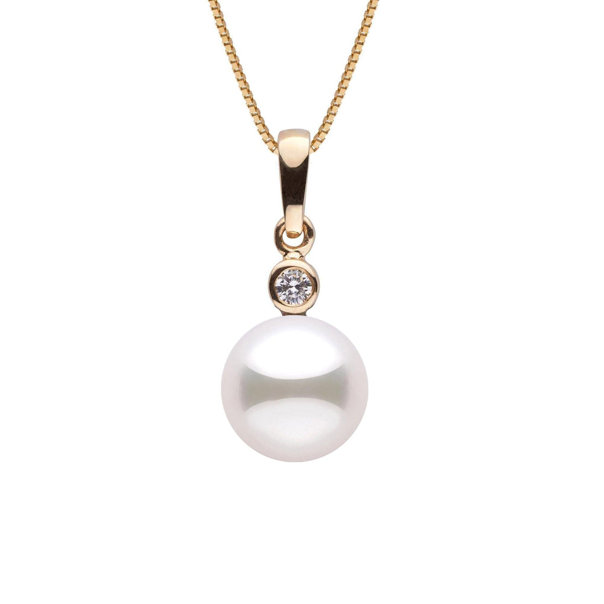 Brilliant Collection 8.5-9.0 mm Akoya Pearl and Diamond Pendant featuring a lustrous white Akoya pearl and a sparkling diamond set in a yellow gold setting on a delicate chain.