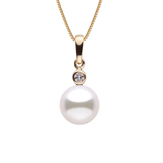 Brilliant Collection 8.5-9.0 mm Akoya Pearl and Diamond Pendant featuring a lustrous white Akoya pearl and a sparkling diamond set in a yellow gold setting on a delicate chain.