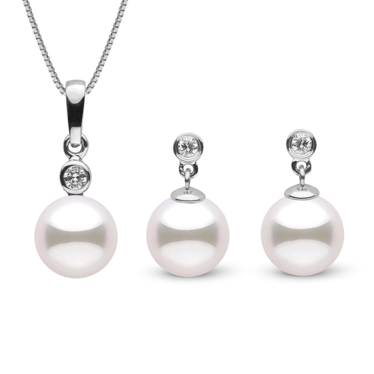 Brilliant Collection 7.5-8.0 mm Akoya Pearl and Diamond Pendant and Earrings Set featuring white akoya pearls with sparkling diamond accents on a polished white gold setting.