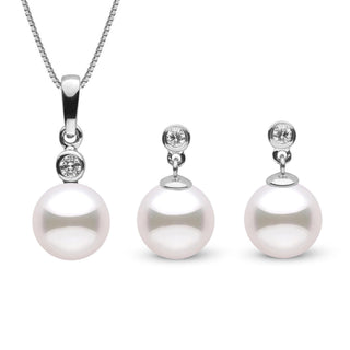 Brilliant Collection 7.5-8.0 mm Akoya Pearl and Diamond Pendant and Earrings Set featuring white akoya pearls with sparkling diamond accents on a polished white gold setting.