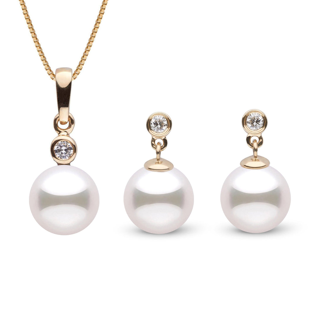 Brilliant Collection 7.5-8.0 mm Akoya Pearl and Diamond Pendant and Earrings Set yellow gold
