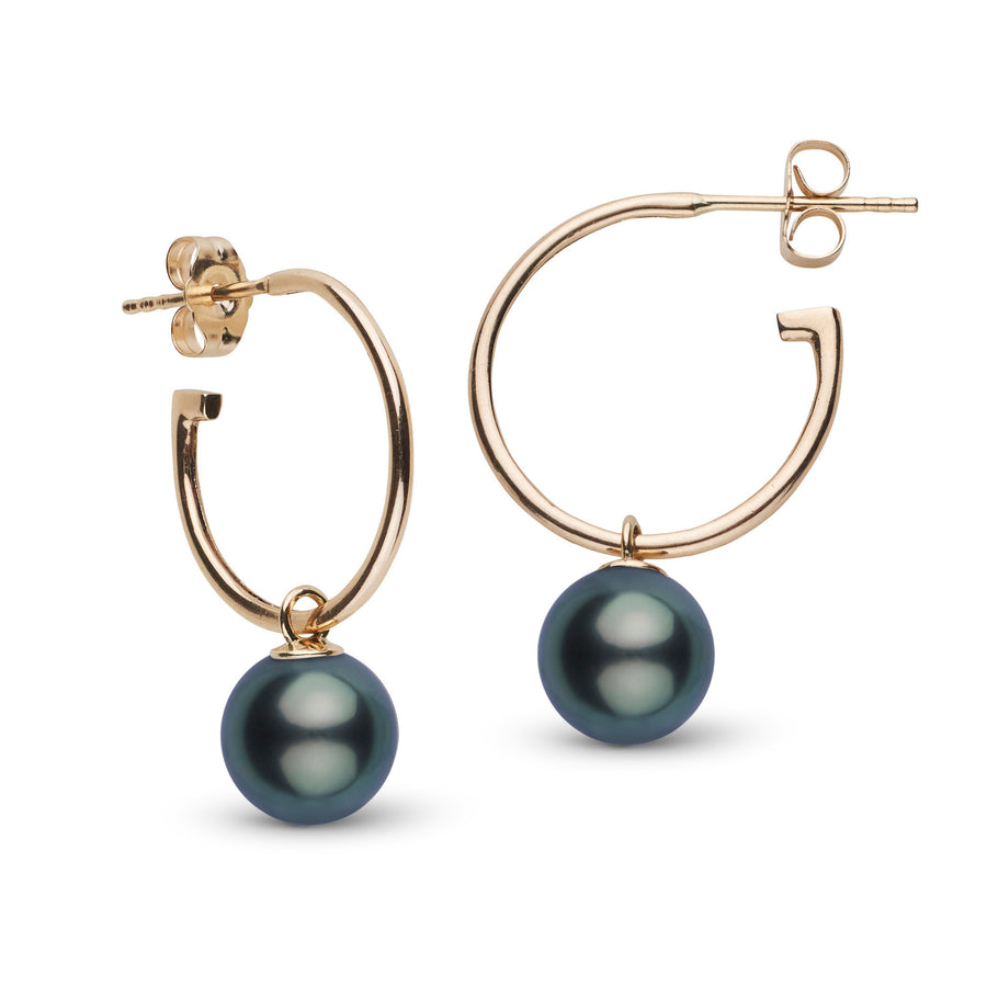 9.0-10.0 mm Tahitian Pearl Charm Hoop Earrings Yellow Gold