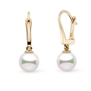 Classic Collection 8.5-9.0 mm Natural White Hanadama Pearl Dangle Earrings yellow gold