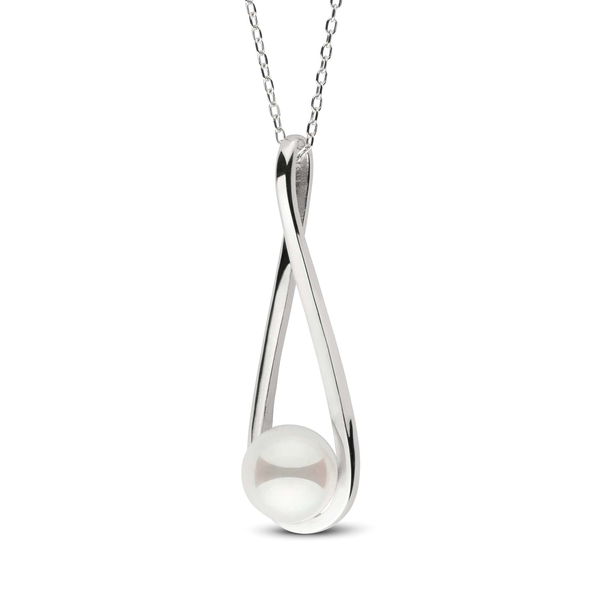 Cradle Collection 8.0-8.5 mm Akoya Pearl Pendant featuring a lustrous white Akoya pearl set in a sleek, polished white gold teardrop-shaped setting on a delicate chain.