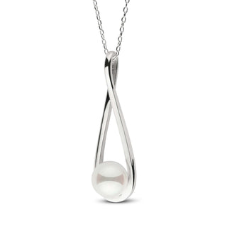 Cradle Collection 8.0-8.5 mm Akoya Pearl Pendant featuring a lustrous white Akoya pearl set in a sleek, polished white gold teardrop-shaped setting on a delicate chain.