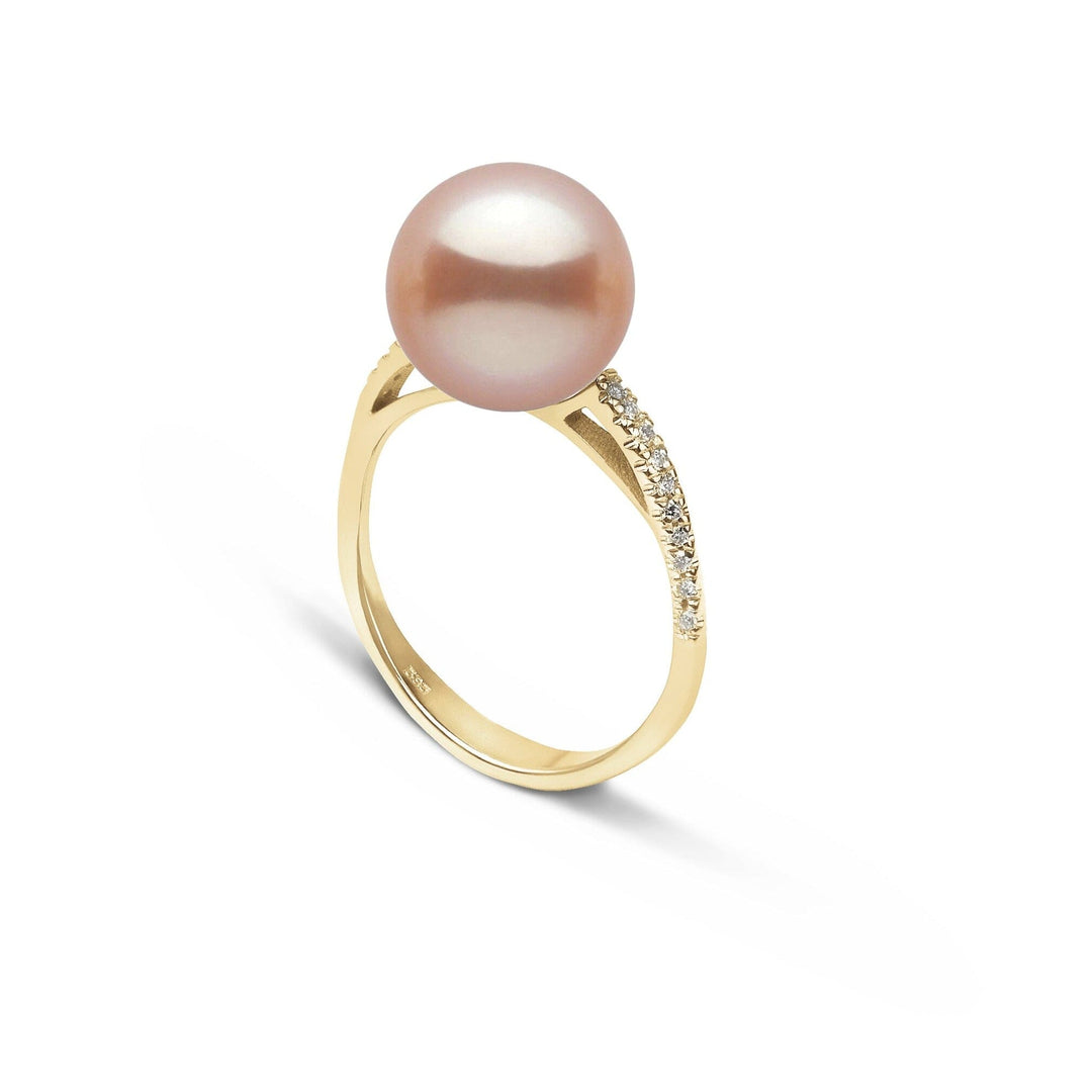 Pirouette Collection 10.0-11.0 mm Pink to Peach Freshadama Pearl and Diamond Ring Yellow Gold side angle