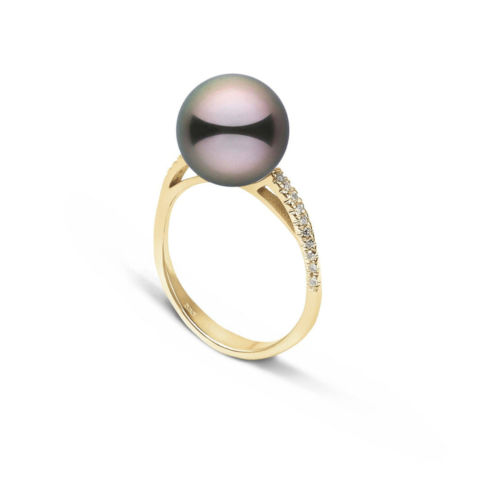 Pirouette Collection 10.0-11.0 mm Tahitian Pearl and Diamond Ring Yellow Gold side angle