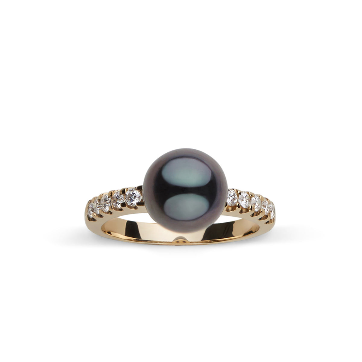 Decade Collection 9.0-10.0 mm Tahitian Pearl and Diamond Ring featuring a lustrous black Tahitian pearl set on a gold band accented with sparkling diamonds.
