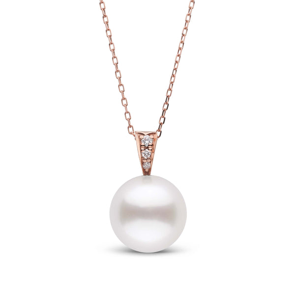 Desire Collection 11.0-12.0 mm White South Sea Pearl and Diamond Pendant featuring a large round white pearl set on a 14K rose gold chain with sparkling diamond accents.