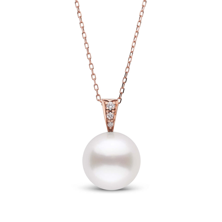 Desire Collection 11.0-12.0 mm White South Sea Pearl and Diamond Pendant featuring a large round white pearl set on a 14K rose gold chain with sparkling diamond accents.