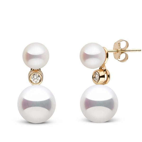 6.5-9.0 mm White Freshadama Pearl and Diamond Duet Dangle Earrings featuring bright white freshwater pearls and sparkling round diamonds set in elegant gold studs.