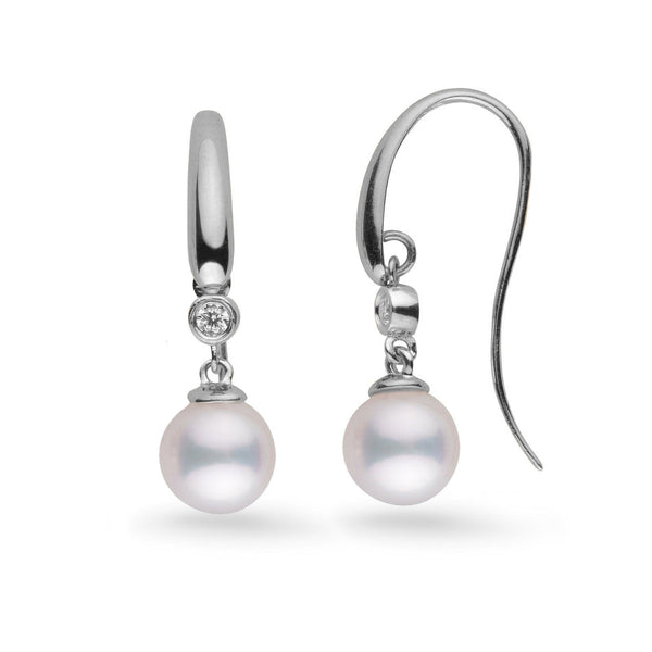 Diamond Cascade Collection 7.0-7.5 mm Akoya Pearl Earrings featuring white cultured pearls with a single small diamond accent set in polished white metal hooks.