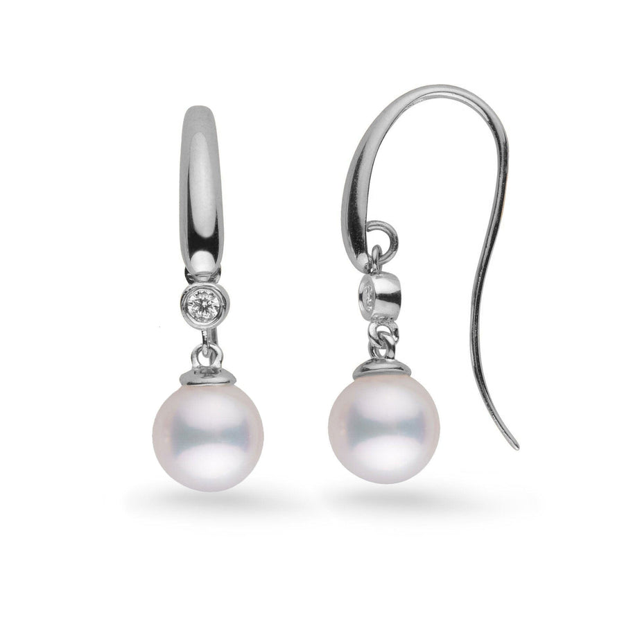 Diamond Cascade Collection 7.0-7.5 mm Akoya Pearl Earrings featuring white cultured pearls with a single small diamond accent set in polished white metal hooks.