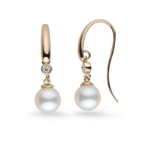 Diamond Cascade Collection 7.5-8.0 mm White Freshadama Pearl Earrings featuring round white pearls set in yellow gold hooks with small sparkling diamond accents.