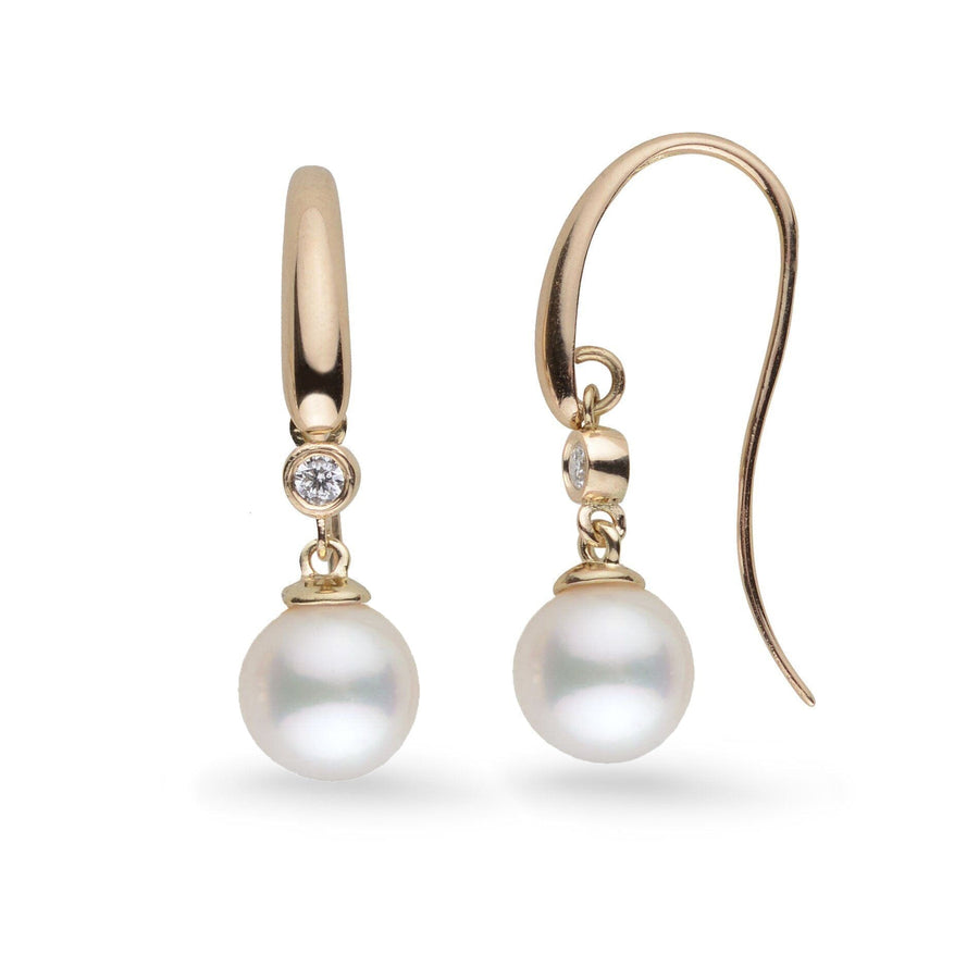 Diamond Cascade Collection 7.5-8.0 mm White Freshadama Pearl Earrings featuring round white pearls set in yellow gold hooks with small sparkling diamond accents.