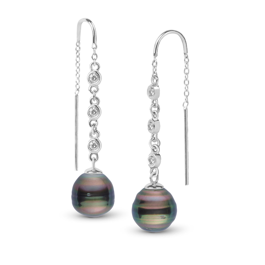 9.0-10.0 mm Tahitian Baroque Pearl and Diamond Threader Earrings White Gold